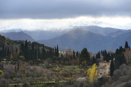Spain, Andalusia, Granada, Alhambra, listed as World Heritage by UNESCO, and the Sierra Nevada mountains