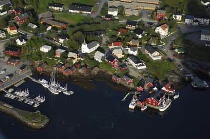 Norway, Nordland County, Lofoten Islands, Moskenes island , fishermen's village of Reine (aerial view)
