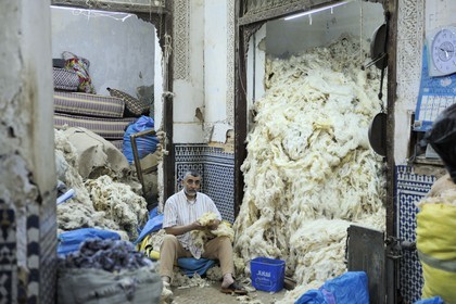 Maroc, Moyen Atlas, Fès, ville impériale, médina classée Patrimoine Mondial de l'UNESCO, Fès el Bali, échoppe d'un fabricant de coussins et de matelas à partir de laine brut
