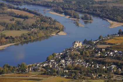 France, Maine et Loire, Loire Valley, Montsoreau, labelled Les Plus Beaux Villages de France (The Most Beautiful Villages of France), castle on Loire river banks (aerial view)
