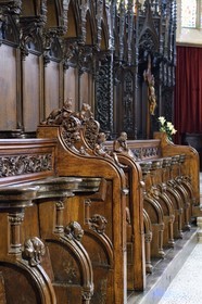 France, Haut Rhin, the Alsace Wine Route, Thann, the 14th century Saint-Thiebaut Collegiate Church, 15th century carved stalls in the choir