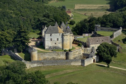 France, Dordogne (24), Périgord Noir, vallée de la Dordogne, Sainte-Mondane, le chateau de Fénelon (vue aérienne)