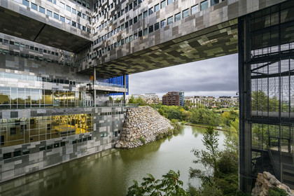 France, Herault, Montpellier, Port Marianne district, the City Hall designed by architects Jean Nouvel and François Fontes, patio between water and sky