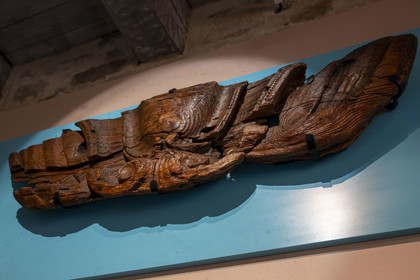 France, Finistère, Brest, the National Maritime Museum in the castle, room dedicated to the La Pérouse expedition, fragment of the transom of one of the frigates, discovered at Vanikoro in 1827