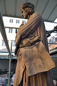 France, Bas Rhin, Strasbourg, old town listed as World Heritage by UNESCO, workshops of the Oeuvre Notre-Dame Foundation, statue in restoration of Master Erwin Steinbach, master of work of the western facade (gates and large rose) in the 13th century, by the sculptor Philippe Grass (1866)