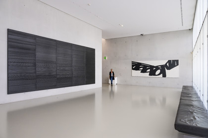 France, Herault, Montpellier, historic center, Fabre museum, rooms dedicated to the artist Pierre Soulages (1919-2022), painting 290 x 654 cm, January 1997 and painting 162 x 434 cm, March 27, 1971 in the background