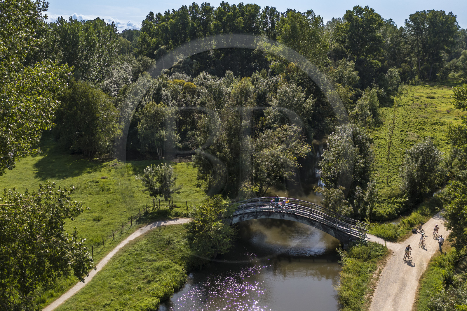 France, Deux-Sèvres (79), le Marais Poitevin, la Venise Verte, Le Vanneau-Irleau, randonnée à bicyclette le long des canaux et passage d'une passerelle sur la voie cyclable de la Vélo Francette (vue aérienne)