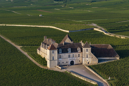 France, Cote d'Or, cultural Landscape of the climates of Burgundy listed as World Heritage by UNESCO, Route des Grands Crus (road of Vintage Wines), vineyard of the Côte de Nuits, Vougeot, the Chateau of Clos de Vougeot surrounded by vineyards (aerial view)