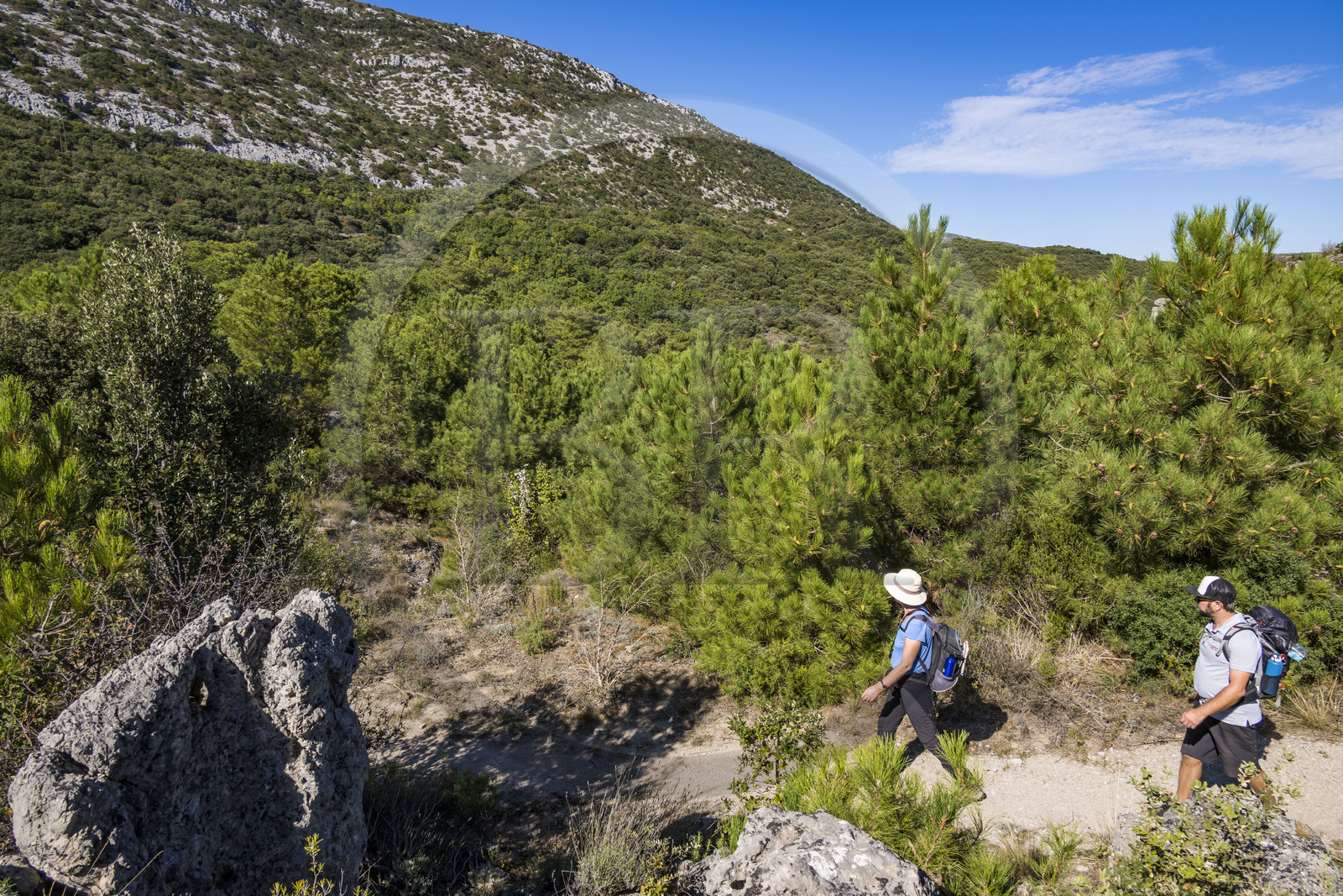 France, Hérault (34), Causses et les Cévennes, paysage culturel de l'agro-pastoralisme méditerranéen, classés Patrimoine Mondial de l'UNESCO, Saint-Guilhem-le-Désert, labellisé Les Plus Beaux Villages de France, randonneurs sur la Via Tolosana sur le Chemin de Saint-Jacques-de-Compostelle au Ravin de la Côte
