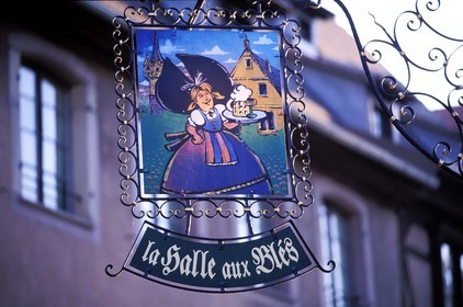 France, Bas Rhin, Obernai, sign of a restaurant
