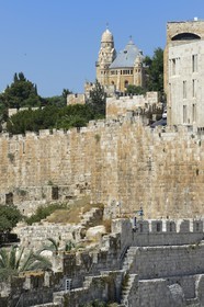 Israel, Jerusalem, holy city, the old town listed as World Heritage by UNESCO, the city walls dating from the time Suleiman the Magnificent next to the Dung Gate and the Church of the Dormition in the background