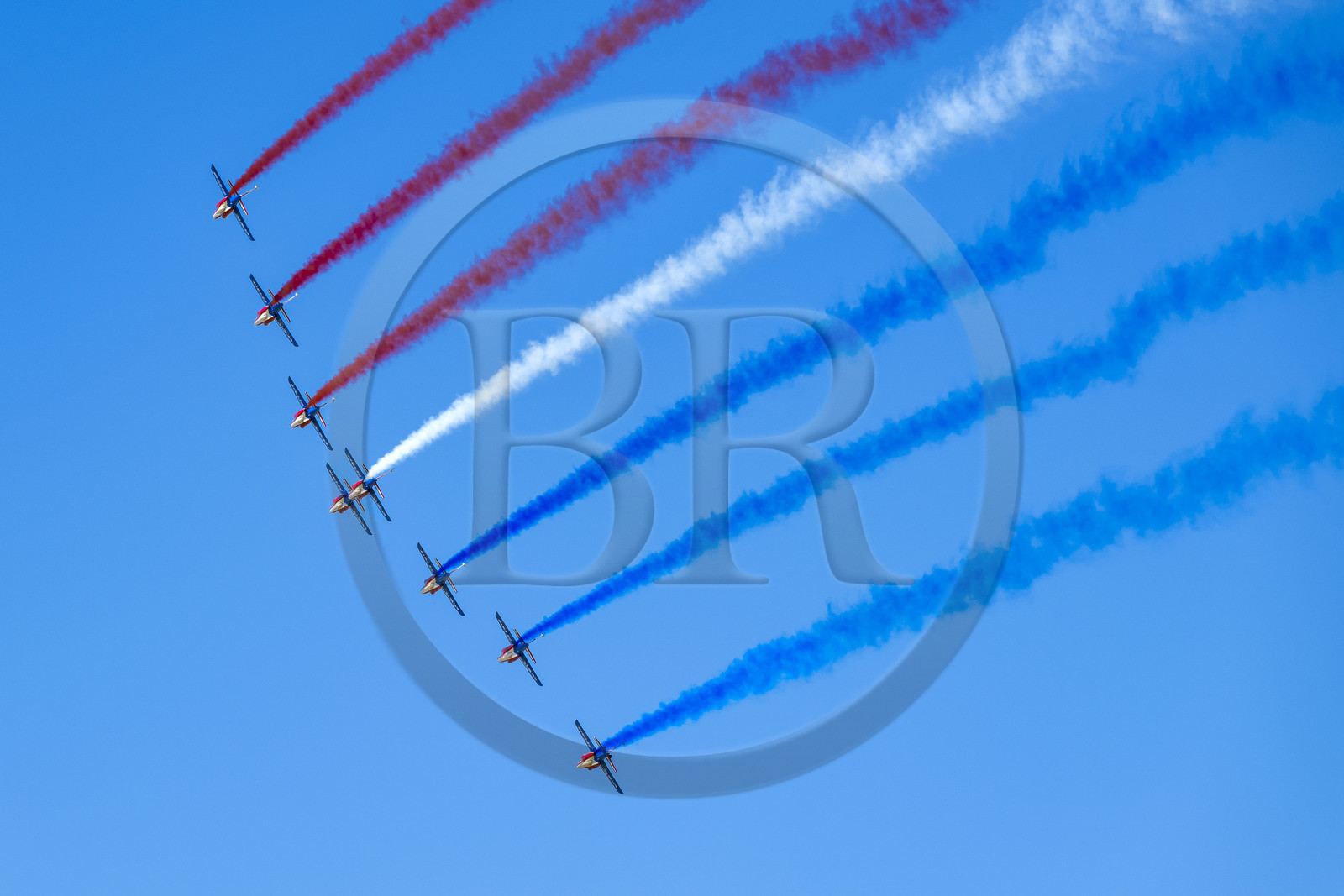 France, Bouches du Rhone, Salon de Provence, air base 701, base of the Patrouille de France (PAF for Patrouille acrobatique de France) of the French Air and Space Force, Alphajet planes fly in formation Big Arrow
