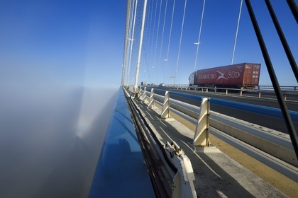 France, between  Calvados and Seine Maritime, the Pont de Normandie (Normandy Bridge) spans the Seine in the Fog