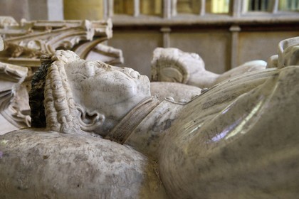 France, Allier (03), former province of Bourbonnais, Souvigny, the cluniac priory church of Saints Peter and Paul (prieuré Saint-Pierre-et-Saint-Paul), ducal necropolis of the Dukes of Bourbon, recumbent statues of Louis II de Bourbon and Anne d'Auvergne in the old Chapel (15th century)