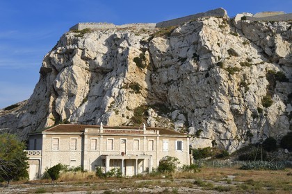 France, Bouches du Rhone, Marseille, Calanques National Park, archipelago of Frioul islands, Ratonneau island, the Hoche pavilion last trace of the military hospital today disappeared overlooked by the Ratonneau Fort