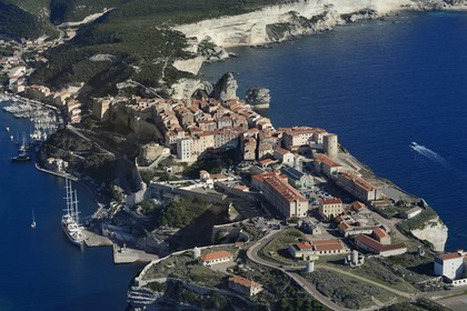 France, Corse du Sud, Bonifacio, the limestone cliffs, the citadel and the old town (aerial view)