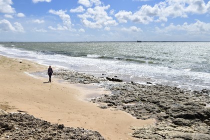 France, Charente-Maritime (17), Ile d'Aix, la Grande Plage qui s'étend sur plus d'un kilomètre et le Fort Boyard en arrière plan