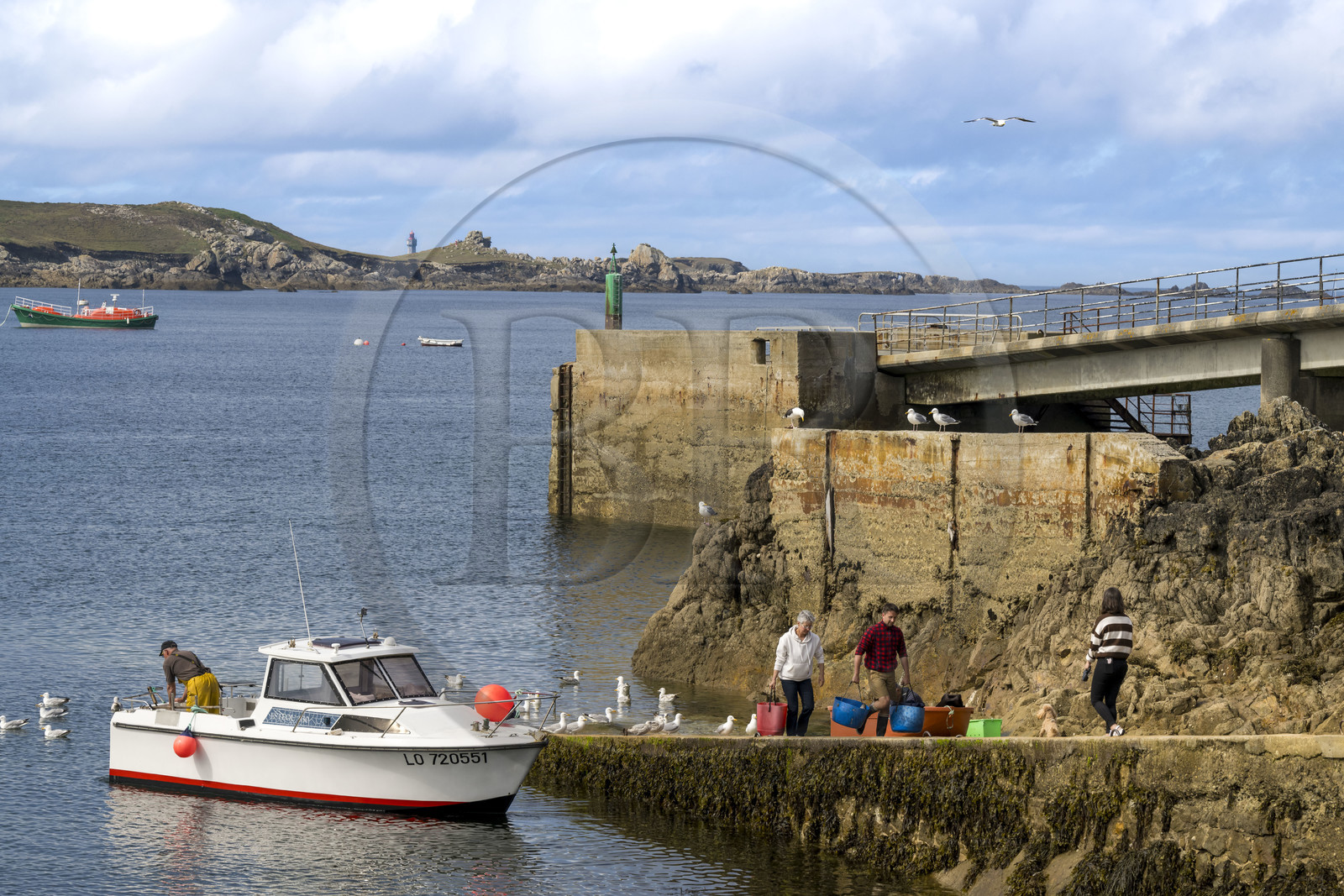 France, Finistère (29), Mer d'Iroise, Ile d'Ouessant, le port de Lampaul dans la baie de Lampaul,  la presqu'ile de Feunteun Velen en arrière plan