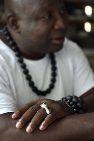 France, Paris, Barthelemy Toguo, the artist founder of Bandjoun Station in Cameroon, in his Parisian studio