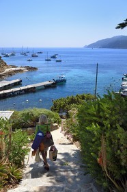 France, Var (83), Iles d'Hyères, Parc national de Port Cros, Ile du Levant, domaine naturiste d'Héliopolis, chemin et escalier de la Perspective, l'axe central du village