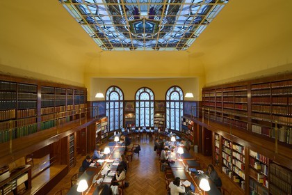 France, Marne, Reims, the Carnegie Library in Art Nouveau style, the three bay windows and the glass roof of the reading room were designed by the master glassmaker of Nancy Jacques Gruber