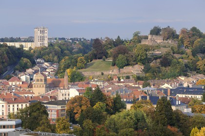 France, Vosges, Epinal, ruins of the castle dominating the city and the Basilica of St. Maurice
