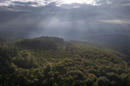 France, Saone et Loire, regional natural park of Morvan, Saint Leger sous Beuvray, the mountains east of Mount Beuvray in the morning mist (aerial view)