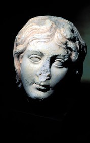 France, Haute Garonne, Saint Bertrand de Comminges village, labelled Les Plus Beaux Villages de France (The Most Beautiful Villages of France), roman sculpture head found during the excavations of the roman city