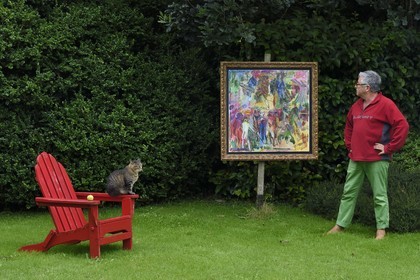 France, Finistere, Lannilis, Prat Ar Coum, the artist Loic Madec in his garden
