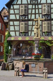 France, Haut Rhin, Kaysersberg, Saint Constantin's fountain (1521) on the Old Market square