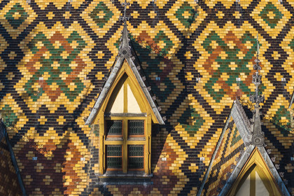 France, Cote d'Or, Beaune, area listed as World Heritage by UNESCO, Hospices de Beaune, Hotel Dieu, the roofs covered with glazed and colored tiles (aerial view)