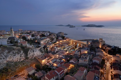 France, Bouches du Rhone, Marseille, Endoume district, Vallon des Auffes, the Frioul archipelago with the Chateau d'If (If castle) in the background