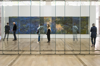 Switzerland, Basel, Riehen, Beyeler Foundation, 12 Scheiben (Reihe) (2013) by Gerhard Richter in the foreground and the water-lily pond by the painter Claude Monnet