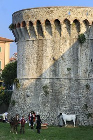 Italy, Liguria, Sarzana, Napoleon Festival, Napoleon and two officers at the foot of the citadel (fortress Firmafede)