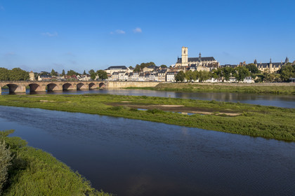 France, Nièvre, Nevers, the islands on the Loire upstream from the Pont de la Loire, the Quai de Mantoue and the Saint-Cyr-et-Sainte-Julitte cathedral in the background (aerial view)