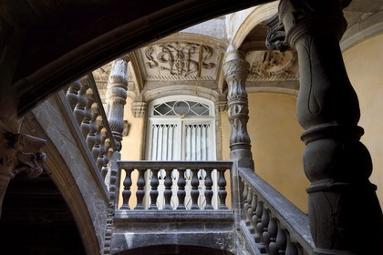 France, Dordogne, White Perigord, Perigueux, rue de la Sagesse, Hotel de Lestrade, Renaissance staircase, the landing of the first floor and its ornate coffered ceiling