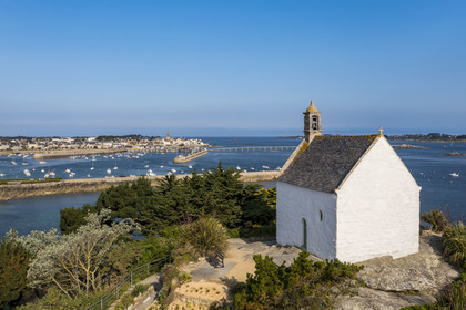 France, Finistère, Roscoff, stopover on the GR 34 hiking trail or coastal trail, the Sainte Barbe chapel at Pointe de Bloscon (aerial view)