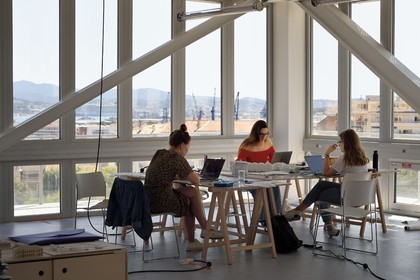 France, Var, Toulon, quartier Chalucet,  the Camondo Méditerranée School (Interior Architecture and Design) in the House of Creativity, the port in the background