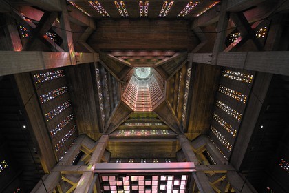 France, Seine Maritime, Le Havre, Downtown rebuilt by Auguste Perret listed as World Heritage by UNESCO, Saint Joseph church, the bell tower seen from the nave
