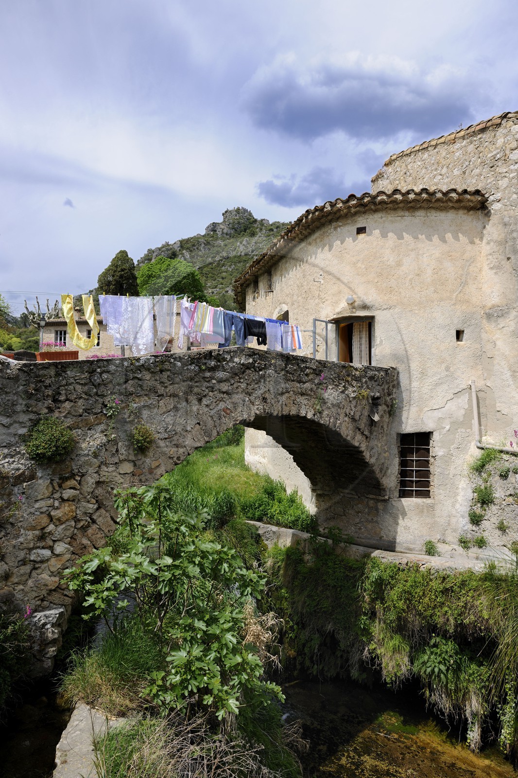 France, Hérault (34), village médiéval de Saint-Guilhem-le-Désert, labellisé Les Plus Beaux Villages de France, Pont sur le Verdus à l'entrée du village