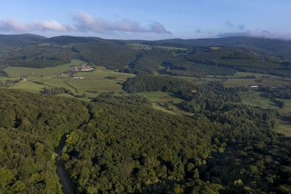 France, Saone et Loire, regional natural park of Morvan, Saint Leger sous Beuvray, valley at the foot of Mont Beuvray to the north towards Echenault, border between Nièvre and Saône-et-Loire (aerial view)
