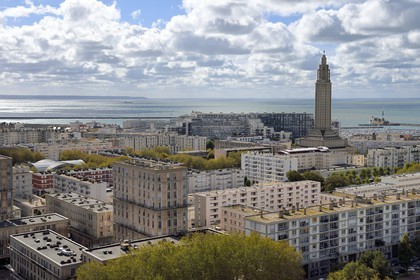 France, Seine Maritime, Le Havre, Downtown rebuilt by Auguste Perret listed as World Heritage by UNESCO, Perret buildings and the St. Joseph's Church in the background