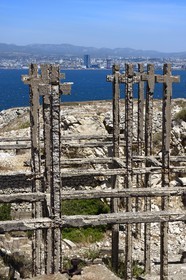 France, Bouches du Rhone, Marseille, Calanques National Park, archipelago of Frioul islands, Ratonneau island, Ratonneau Fort, pseudo field of crosses, vestige of structures of German casemate for canon whose construction was interrupted by the end of the war