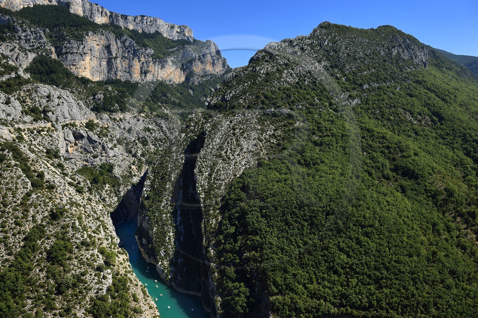 Var on the Left Bank and Alpes de Haute Provence on the Right Bank, Parc Naturel Regional du Verdon, the Verdon Gorge opening onto Lake St. Croix (aerial view)