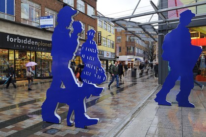 United Kingdom, Northern Ireland, Belfast, sculptures at the entrance of Victoria Square commercial center on Ann Street
