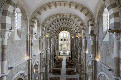 France, Yonne, regional natural park of Morvan, Vézelay, a UNESCO World Heritage site, labelled Les Plus Beaux Villages de France, starting point of one of the main ways to Santiago de Compostela, the Basilica of Saint Mary Magdalene, the nave and the choir in the background
