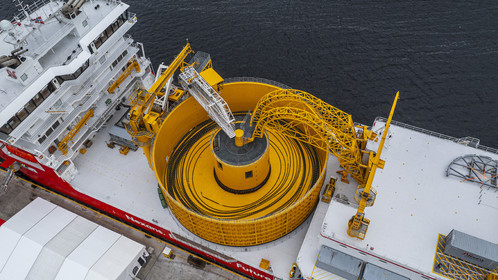 Norway, Ostfold County, Halden, Nexans Aurora cable-laying vessel, vessel for laying electric cables, connecting and repairing these cables, the turntable which has the capacity to carry up to 10,000 tonnes of cables (aerial view)