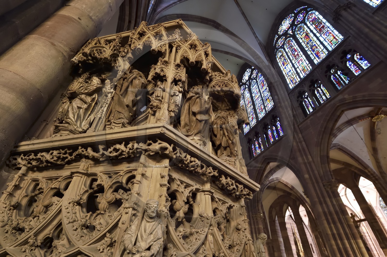 France, Bas-Rhin (67), Strasbourg, vieille ville classée au Patrimoine Mondial de l'UNESCO, la cathédrale Notre-Dame, la chaire du grand prédicateur Geiler de Kaysersberg réalisée par le sculpteur Hans Hammer en 1485