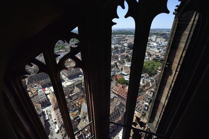 France, Bas Rhin, Strasbourg, old town listed as World Heritage by UNESCO, Notre Dame Cathedral, one of the four spiral staircases called the Vier Schnecken (four snails) that surround the 40-meter octagonal tower, Gutenberg square and place Kleber in the background