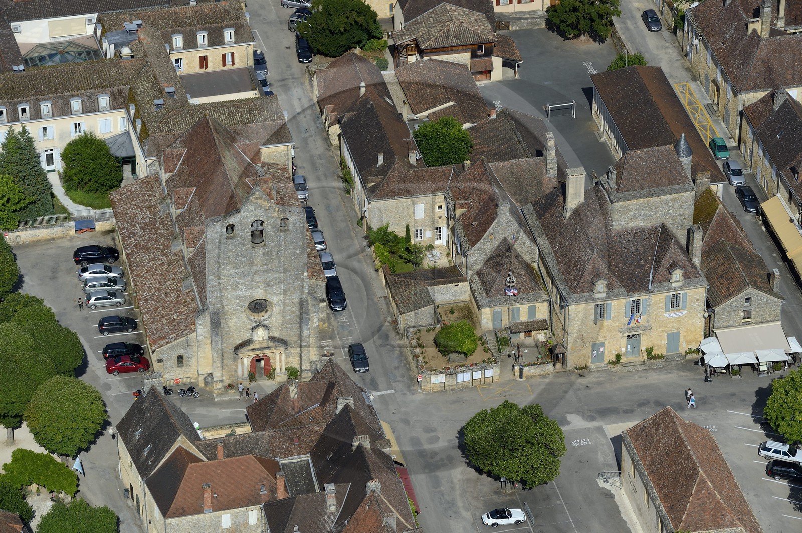 France, Dordogne, Perigord Noir, Dordogne Valley, Domme, labelled Les Plus Beaux Villages de France (The Most Beautiful Villages of France) (aerial view)